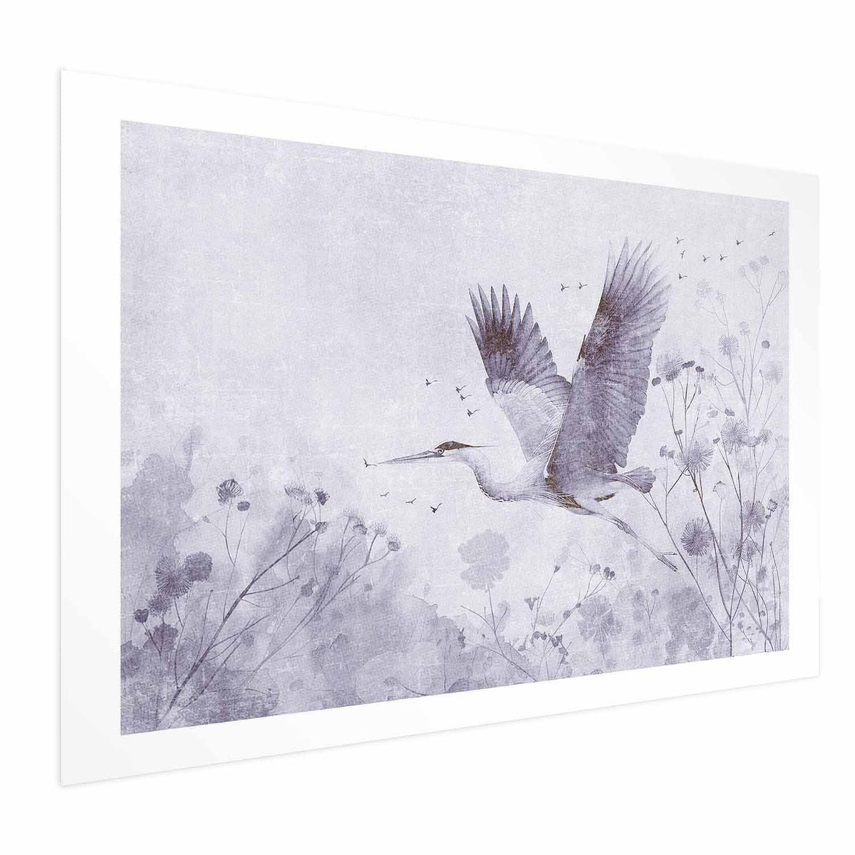 Poster - Majestic Flight - crane in flight in a monochromatic, cool color palette