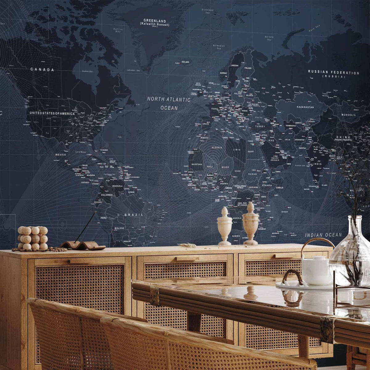 Fototapete - World map in blue - continents with inscriptions in English