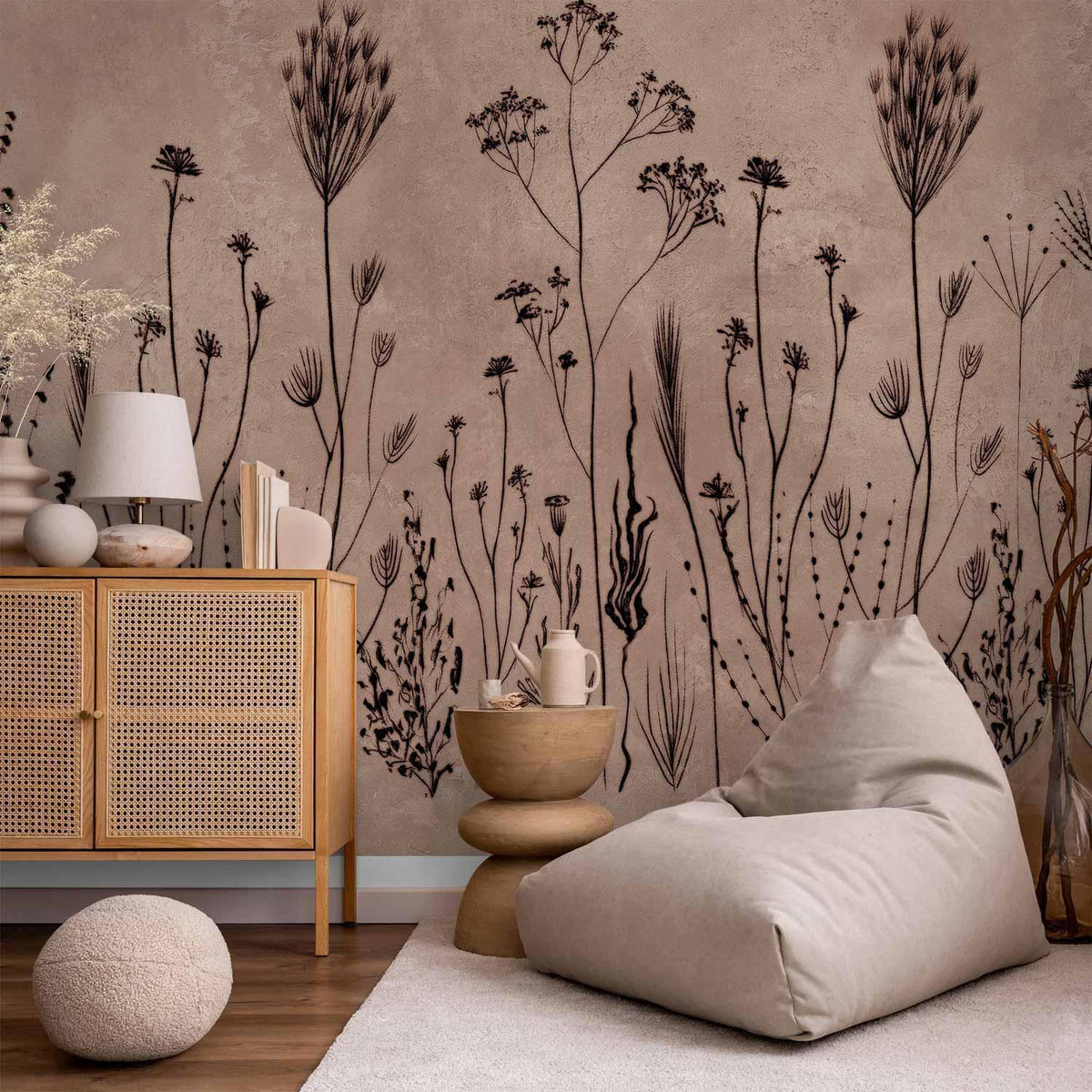 Fototapete Wildblumen – Botanische Silhouetten auf Hellbraun