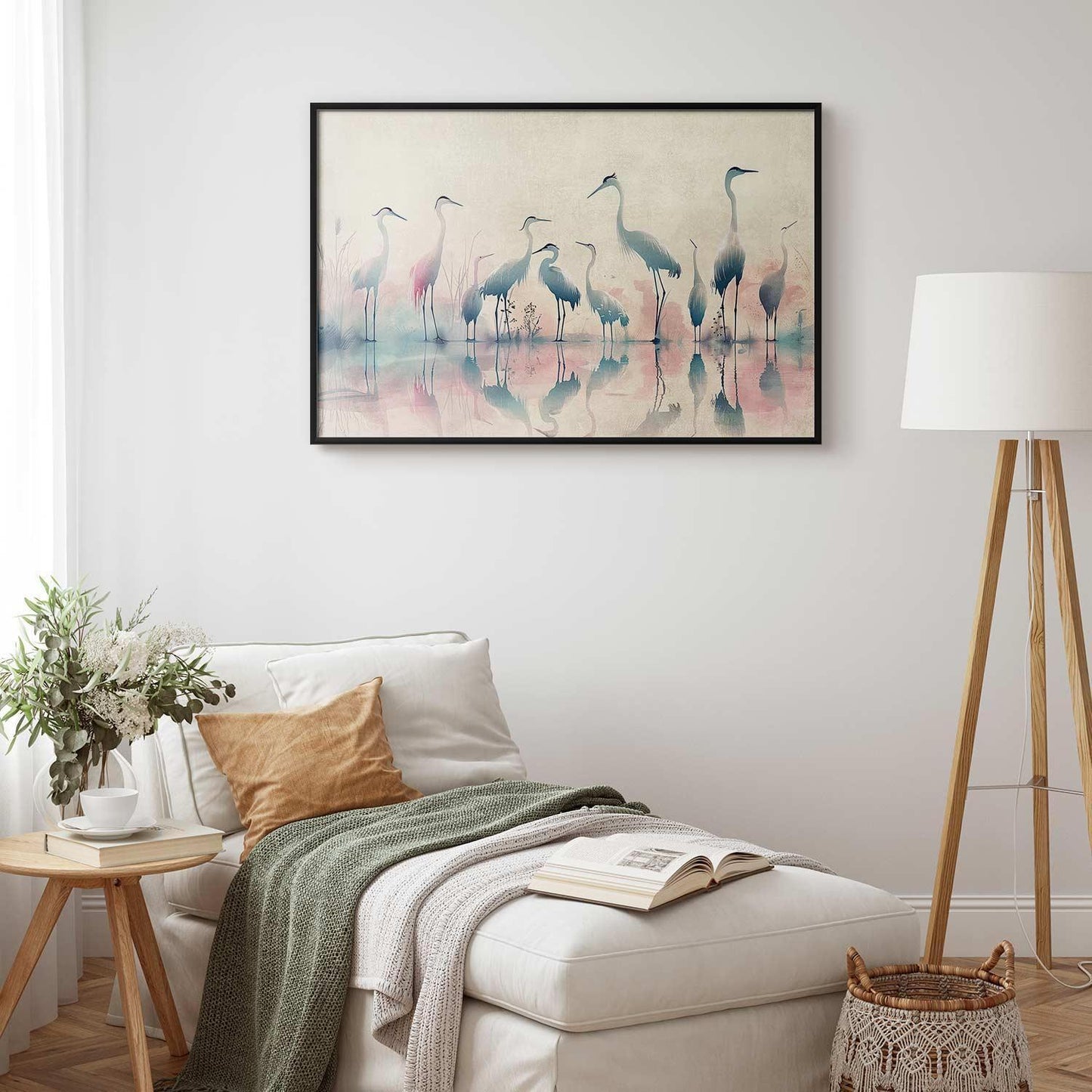 Watercolor herons poster in gray-pink palette, lake scene.