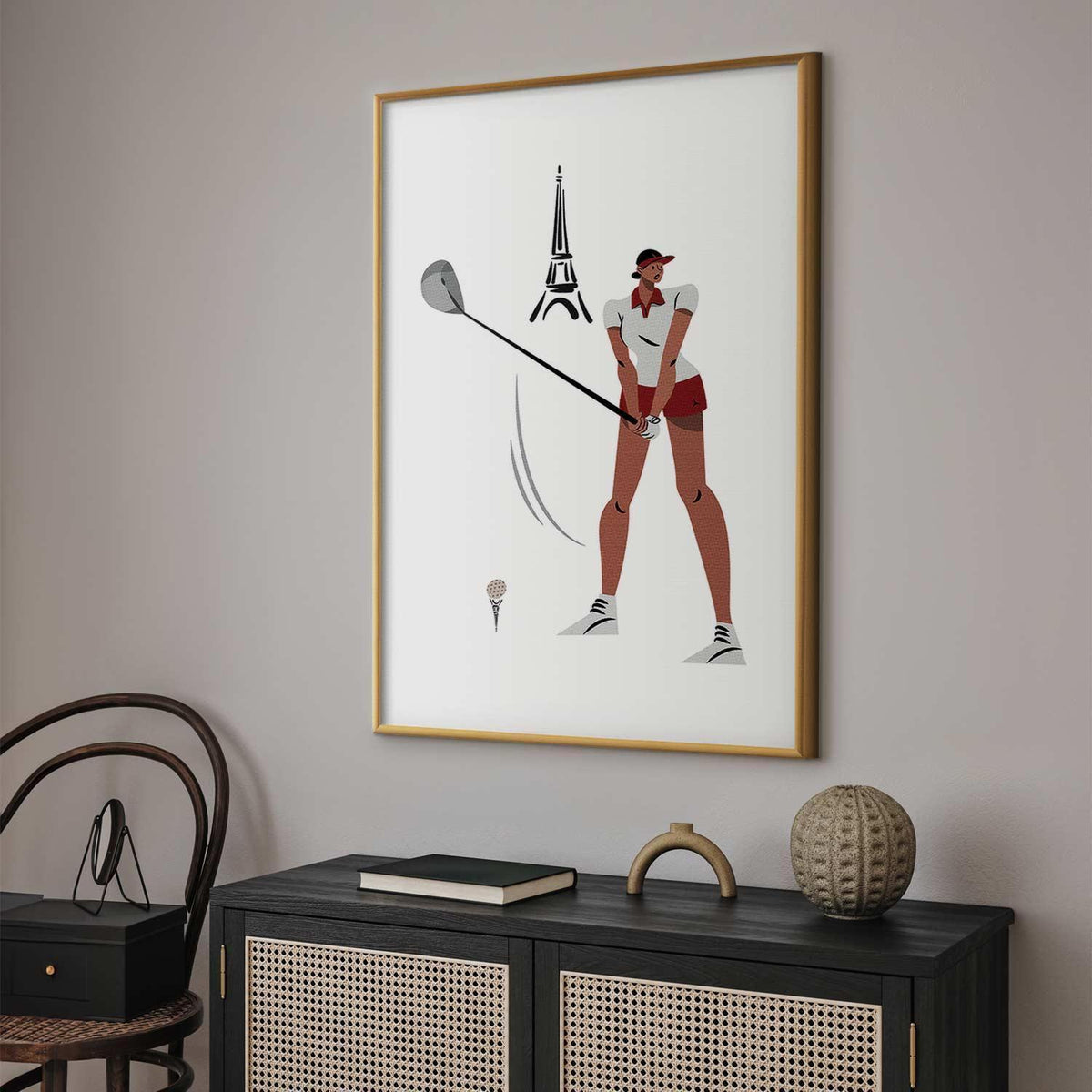 Poster - Illustration of a Female Golfer with the Eiffel Tower in the Background