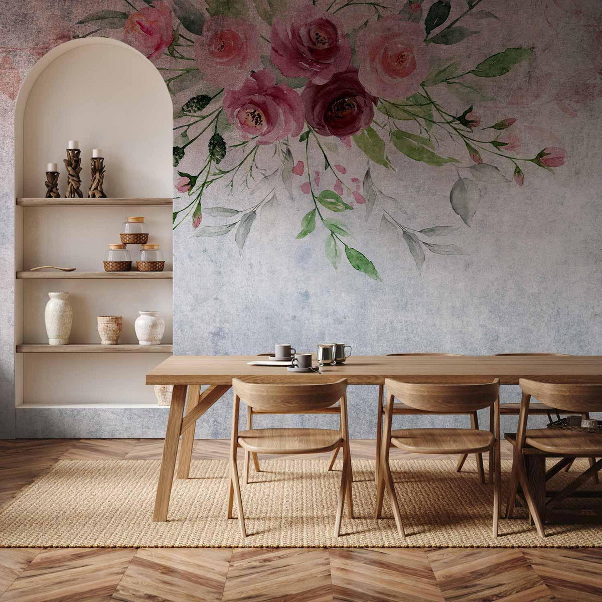 Fototapete - Summer bloom - plant motif with flowers and leaves in pink tones