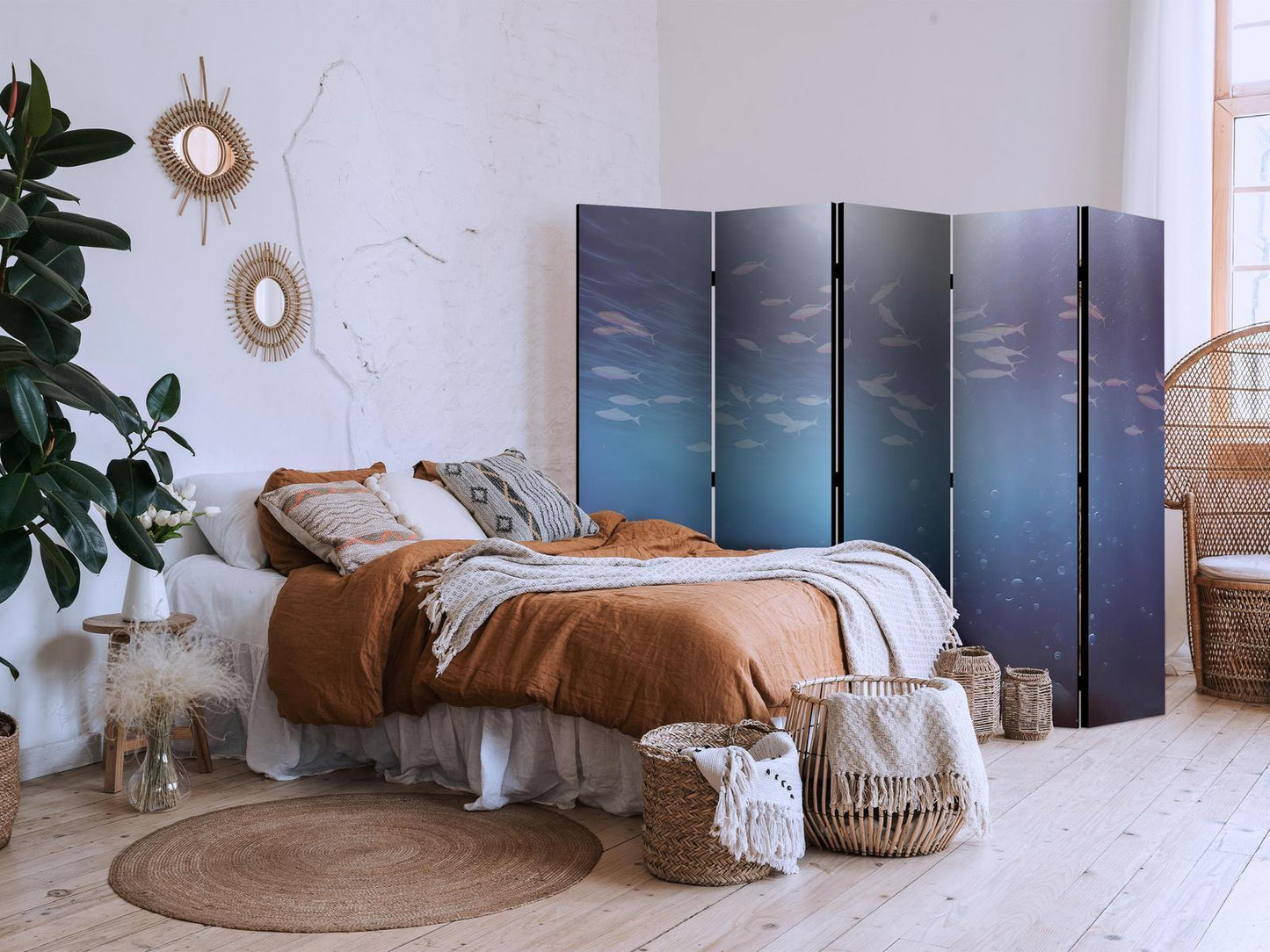 Paravent - School of Small Fish - Illuminated Oceanic Depth in Shades of Navy Purple and Gray with a Shoal of Tiny Fish Artgeist
