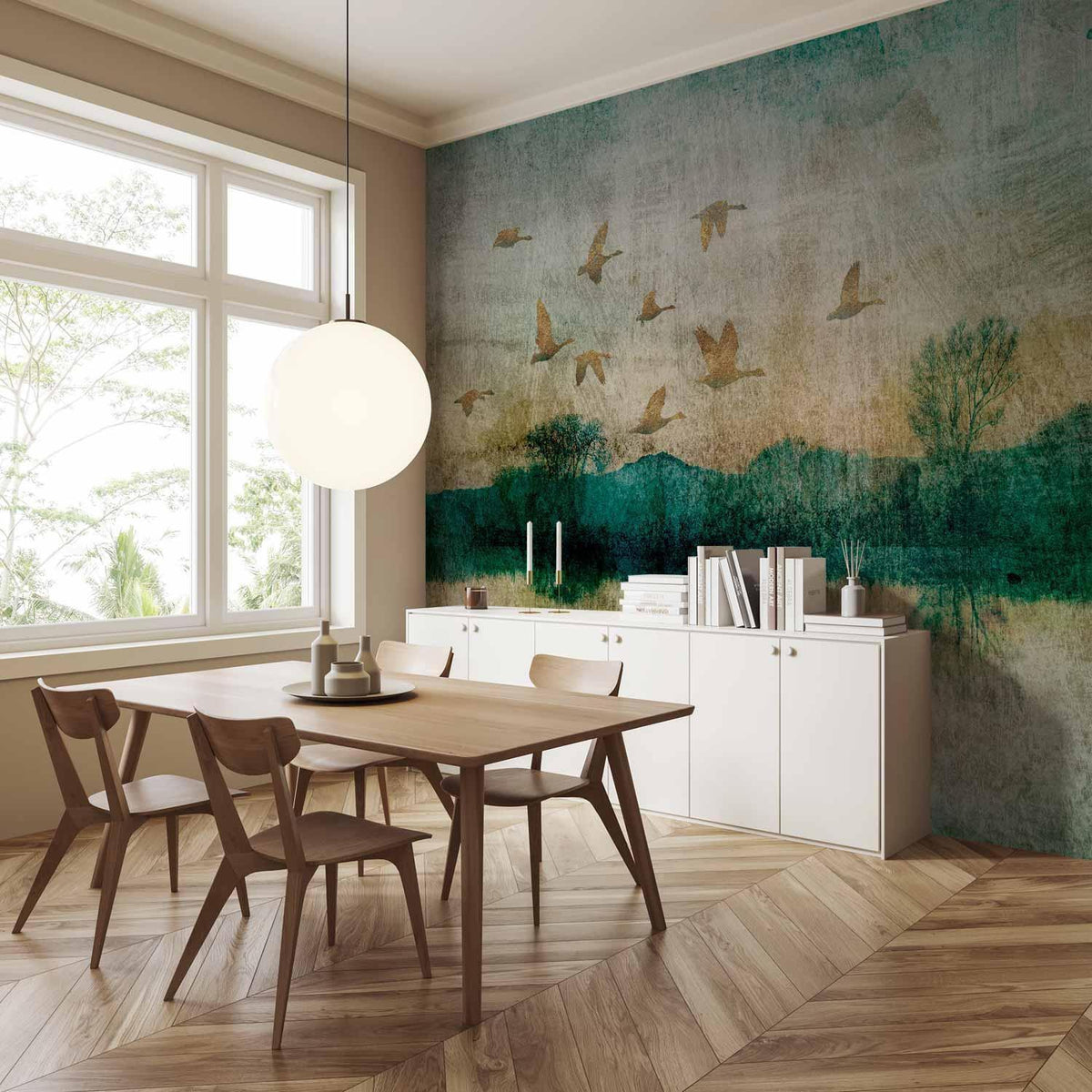 Fototapete Goldene Enten - Elegante Illustration auf Beige