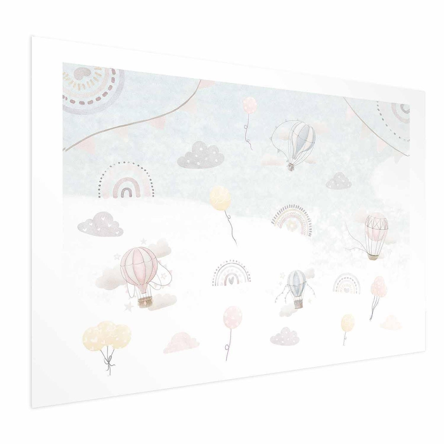 Poster featuring whimsical hot air balloons among clouds and rainbows.