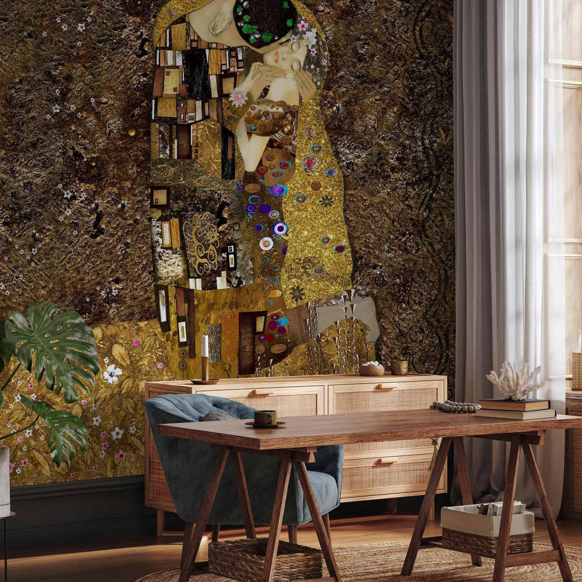Fototapete Goldener Kuss – Klimt-inspirierte Kunst mit Goldornamenten