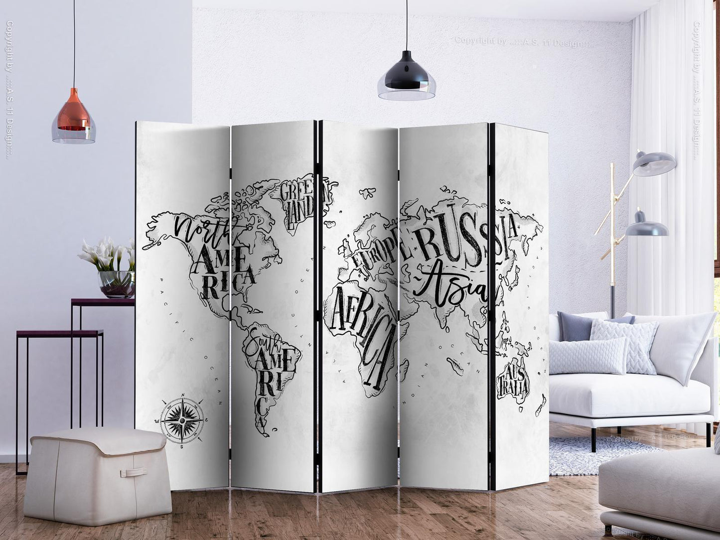 Paravent - Retro Continents (Grey) II Artgeist