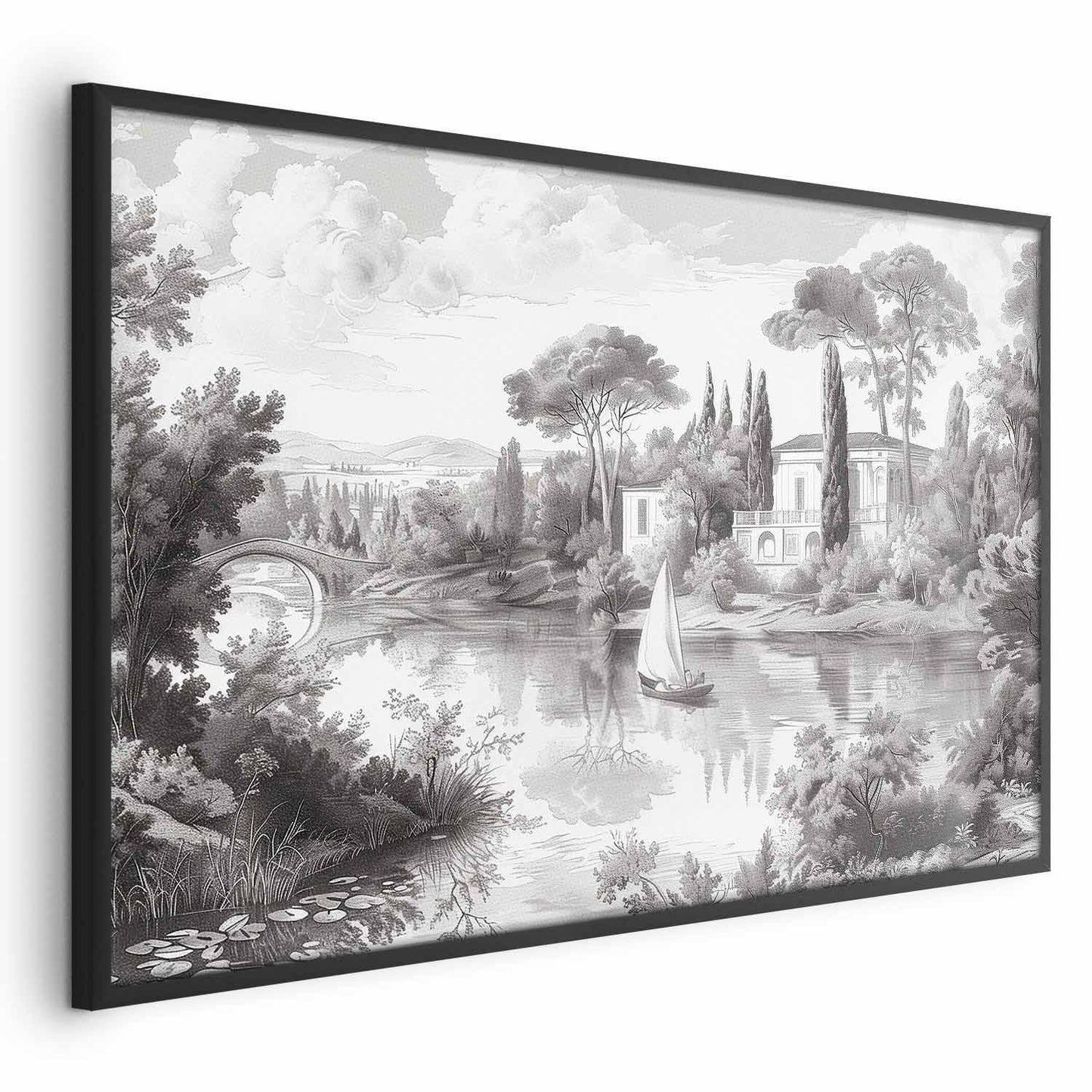 Poster - Black-and-White Vintage Landscape with a Pond Artgeist