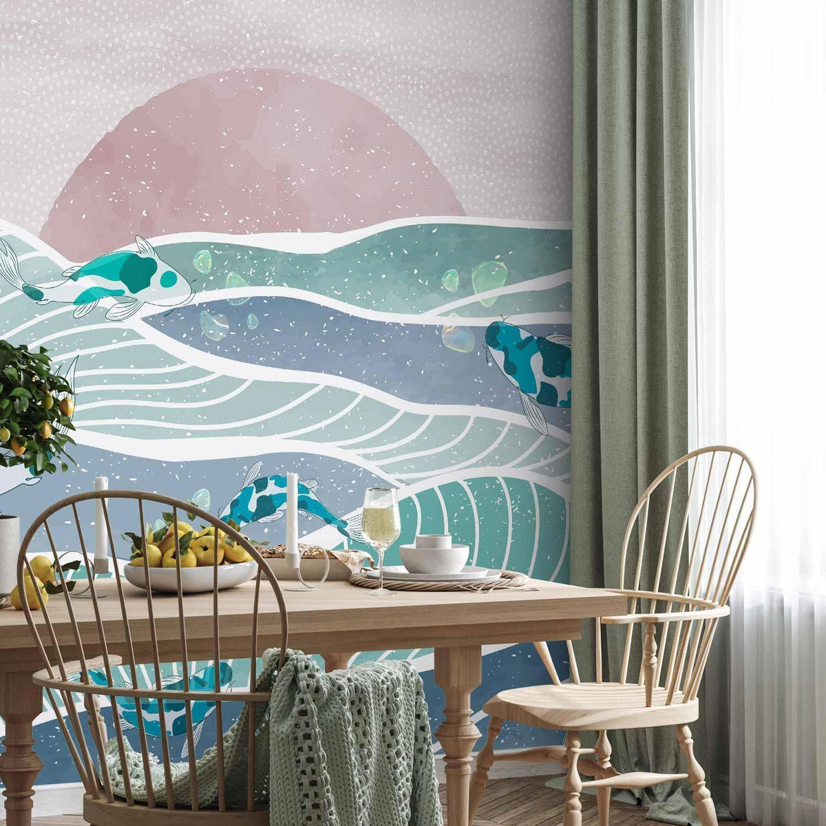 Fototapete Koi-Fische – Japanische Wellen in Teal und Rosa