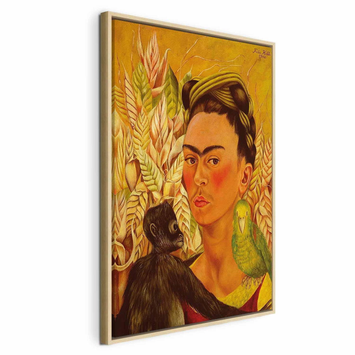 Leinwandbild - Frida Kahlo – Self-Portrait with Monkey and Parrot