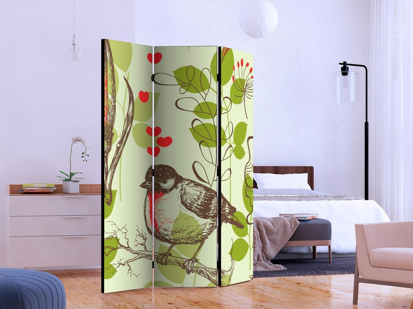 Paravent - Bird and lilies vintage pattern Artgeist