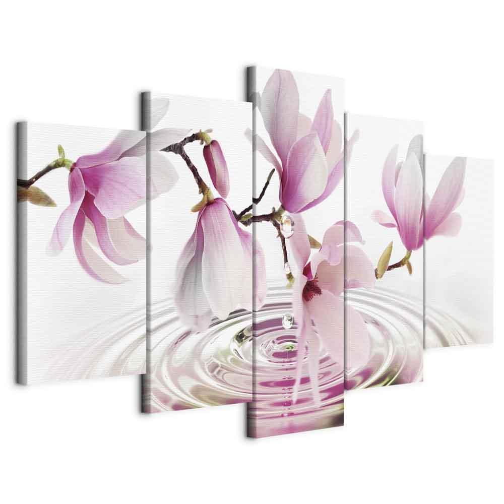 Leinwandbild Magnolien über Wasser – 5-teilig Panorama Rosa