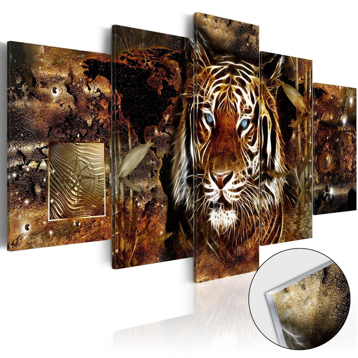 Wandbild Goldener Dschungel – 5-teiliges Acrylglasbild mit Tiger