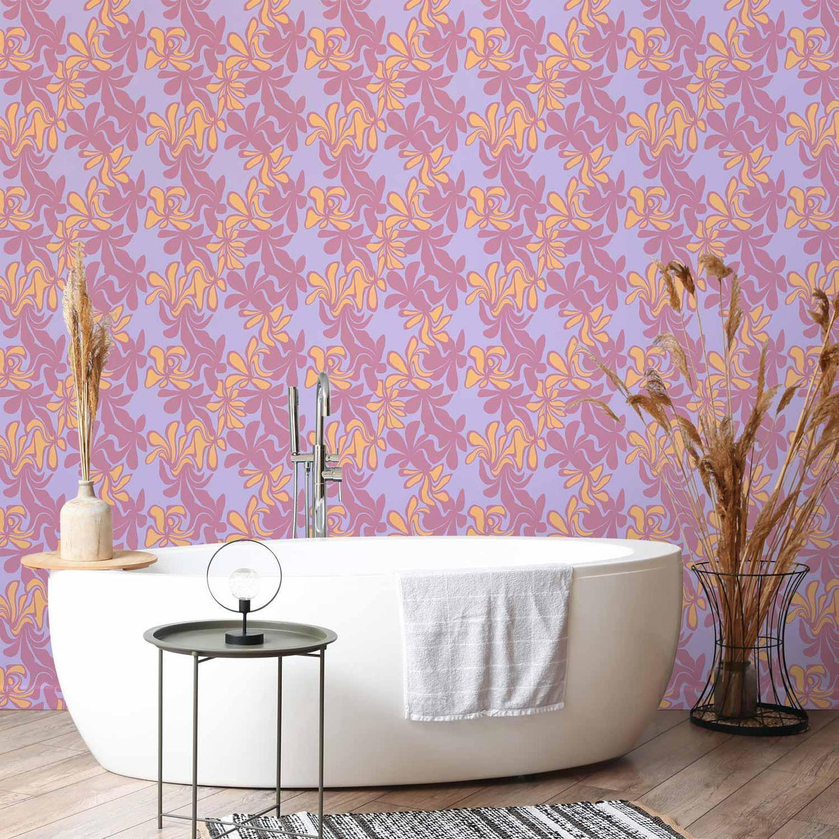 Tapete - Exotic - Two-Tone Flowers - Flowers in purple and orange on a blue background