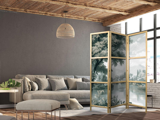 Japanischer Paravent - View of the Park and Lake - Retro Vintage Landscape in Greens