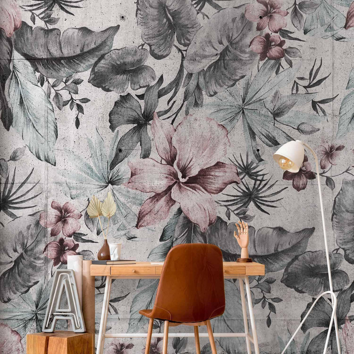 Fototapete Pflanzen im Retro-Stil – Blumen und Blätter in Grautönen