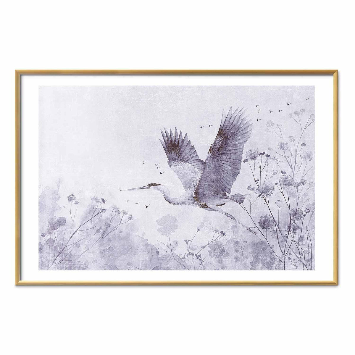 Poster - Majestic Flight - crane in flight in a monochromatic, cool color palette