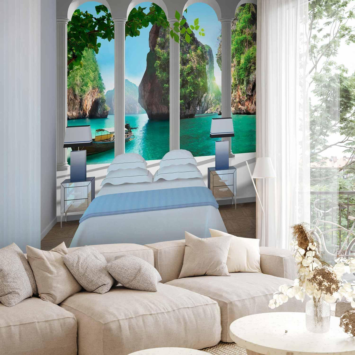 Fototapete Auf der Terrasse – Mediterrane Meerblick-Idylle mit Säulen
