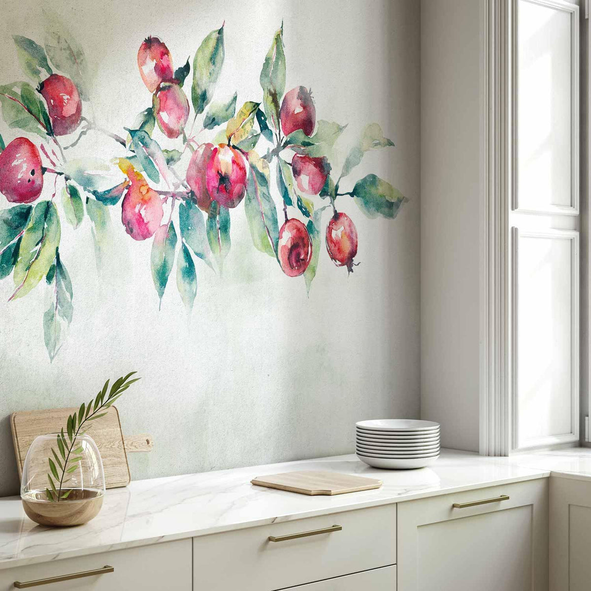 Fototapete - Apple branch - landscape with a plant and red apples on a white background