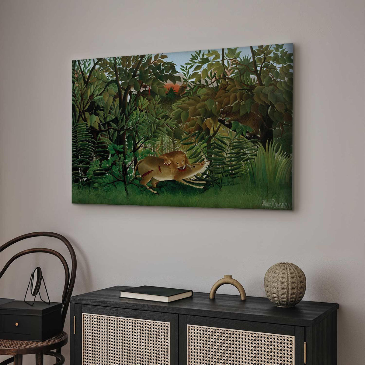 Leinwandbild - Henri Rousseau – Le Lion ayant faim se jette sur l'Antilope