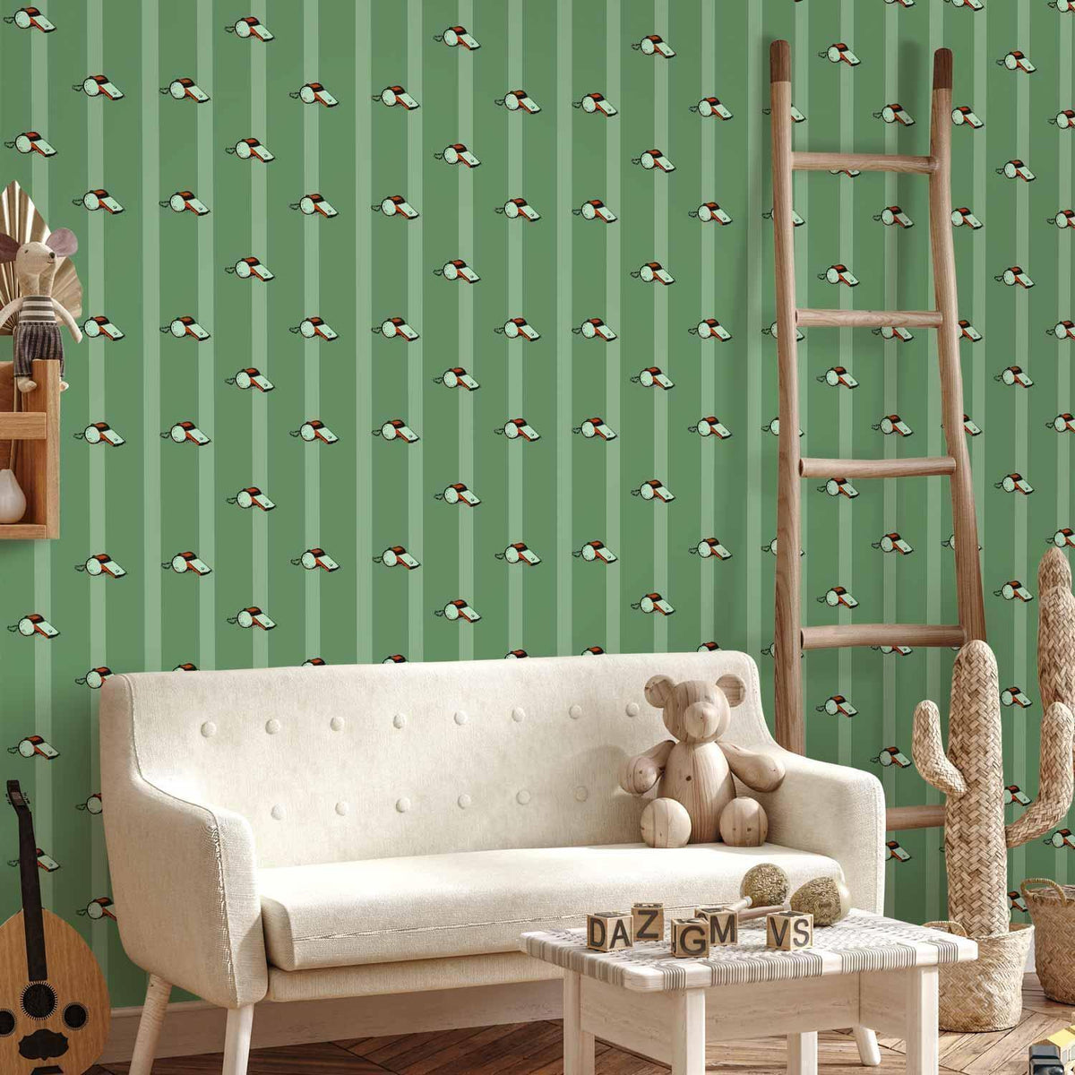 Tapete - Sports Whistles - Repeating pattern on a striped green background