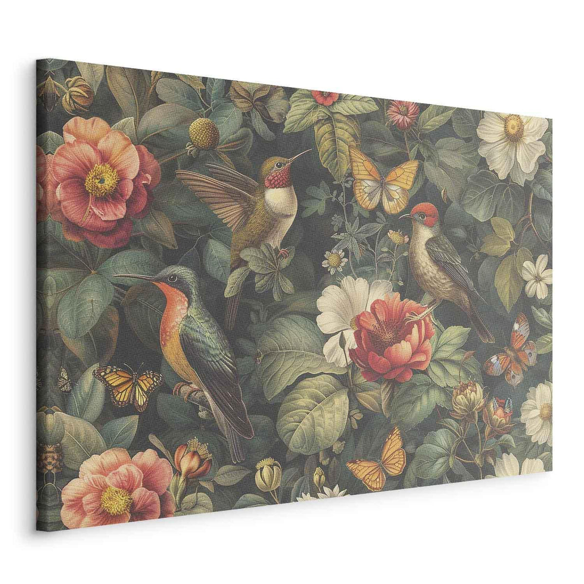 Leinwandbild - Flowers, birds and butterflies – vintage-style illustration