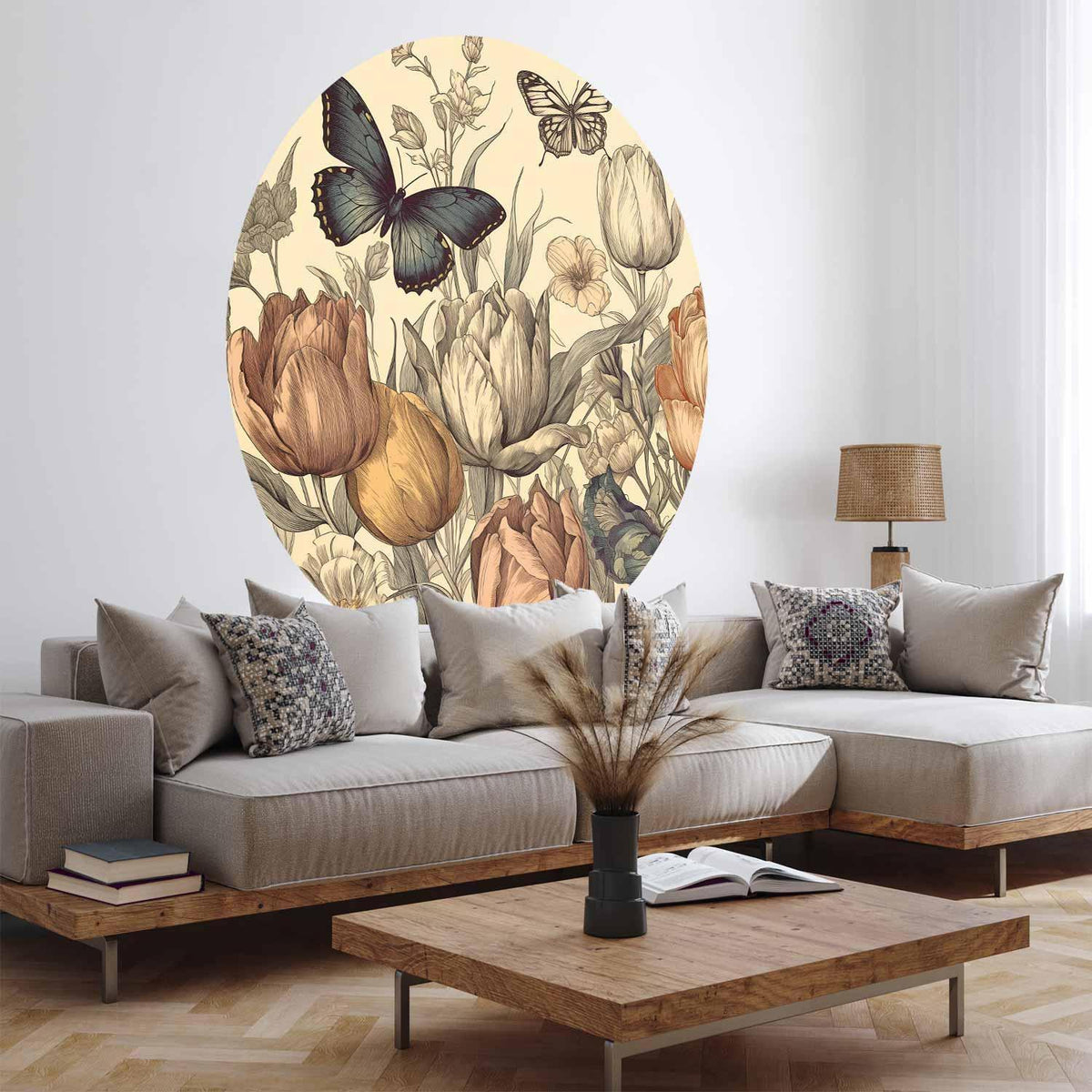 Runde Fototapete - Colourful tulips on a cream background