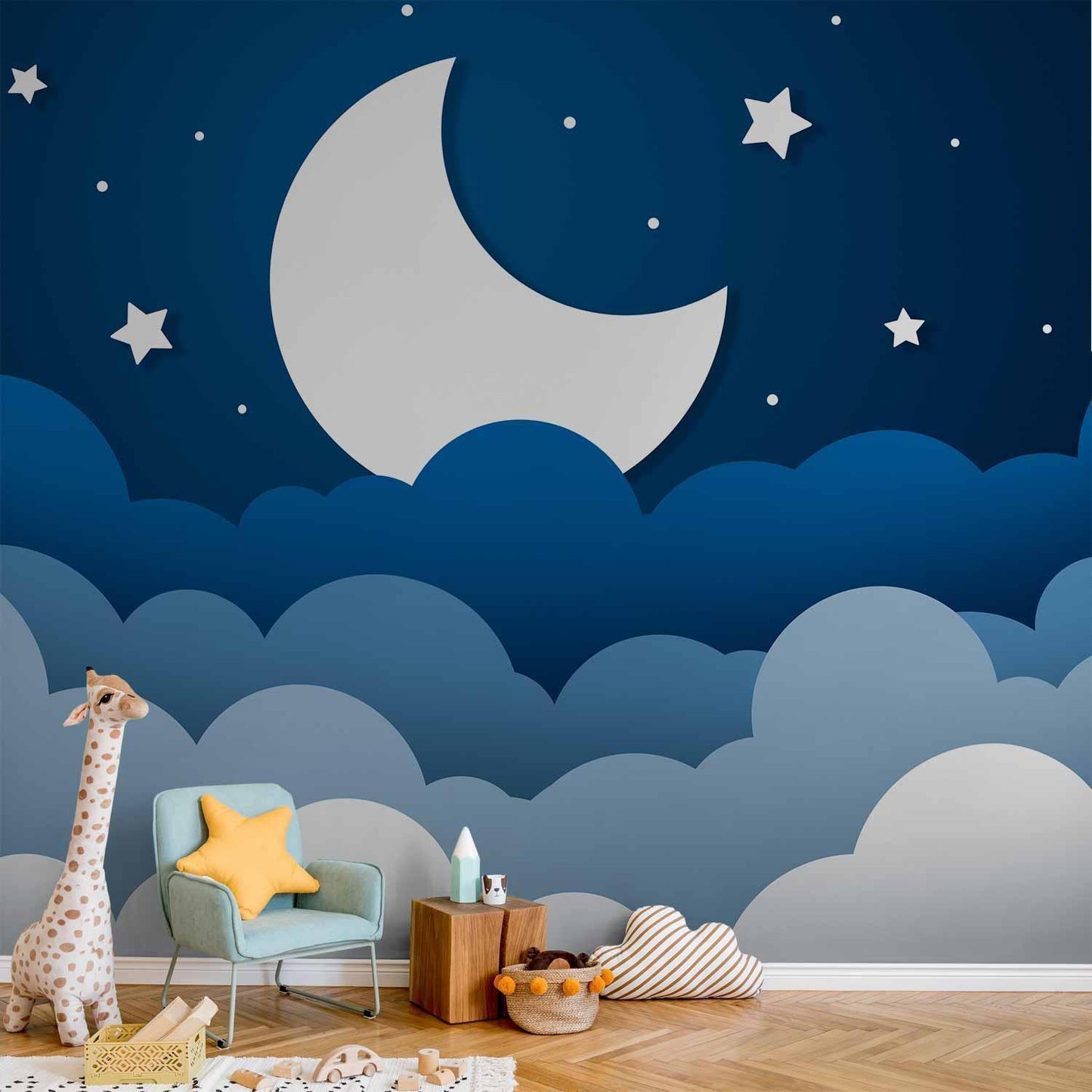 Fototapete - Moon dream - clouds on a dark blue sky with stars for children Artgeist