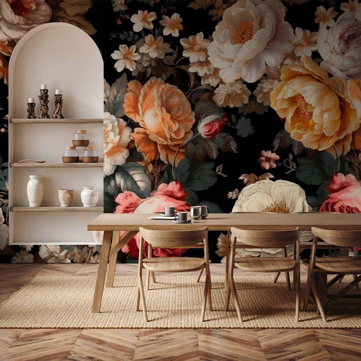 Fototapete Blumen auf Schwarz – Üppige Blüten im flämischen Stil