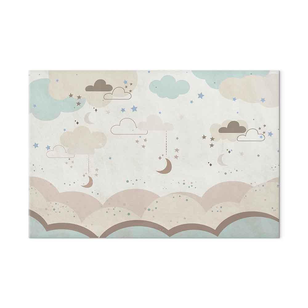 Leinwandbild - Cloudy Night Sky - Moons in Brown and Beige Hues Among Clouds and Numerous Little Stars on a Light Background