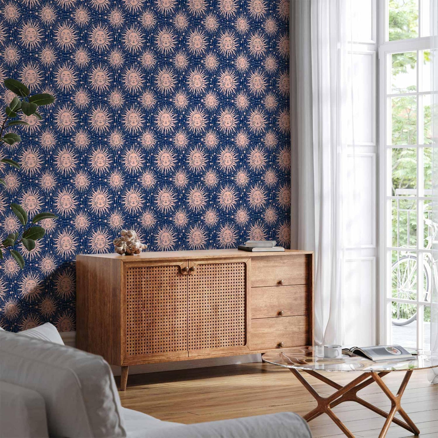 Tapete - Sunny Patterns - Repeating sun motif on a navy background