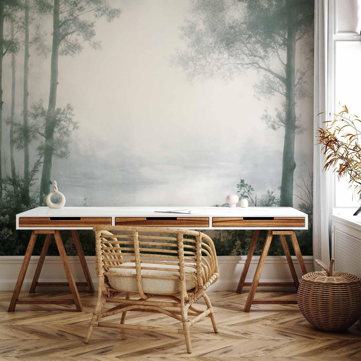 Fototapete - Retro Landscape - Grove Trees and Pond in Patinated Shades of Green