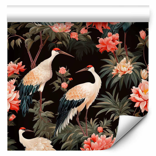 Tapete - Ornament with birds - silhouettes of cranes and peony flowers on a dark background