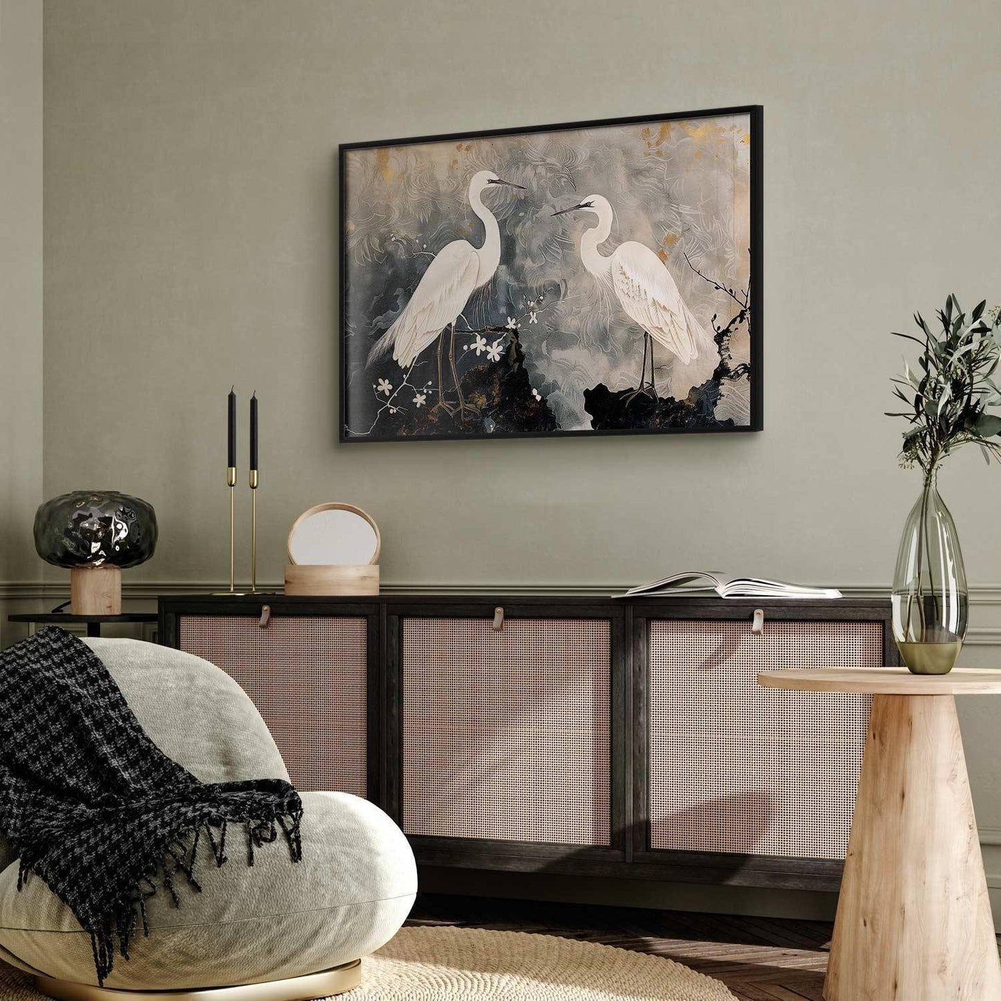 Poster - Herons and Cherry Blossom - oriental-style illustration depicting birds Artgeist