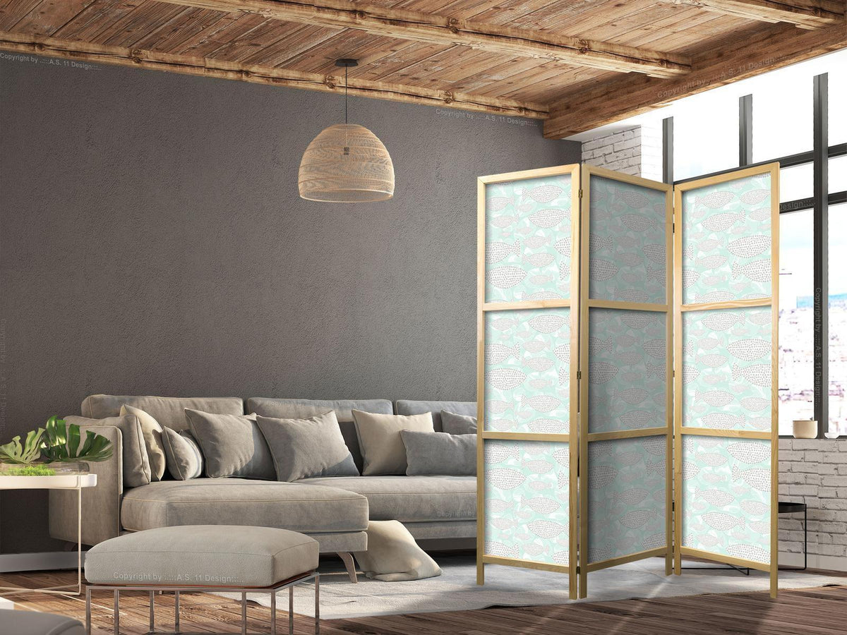 Japanischer Paravent - Minimalist Fish - Fish from Gray Dots on the Crystal Clear Water Surface in Mint Green