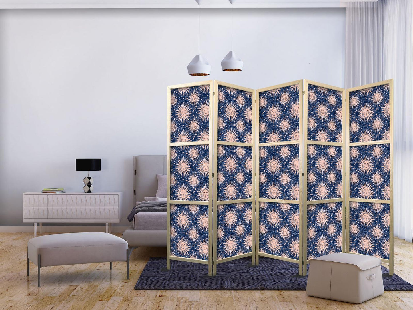 Japanischer Paravent - Sunny Patterns - Repeating Sun Motif on a Navy Background Artgeist