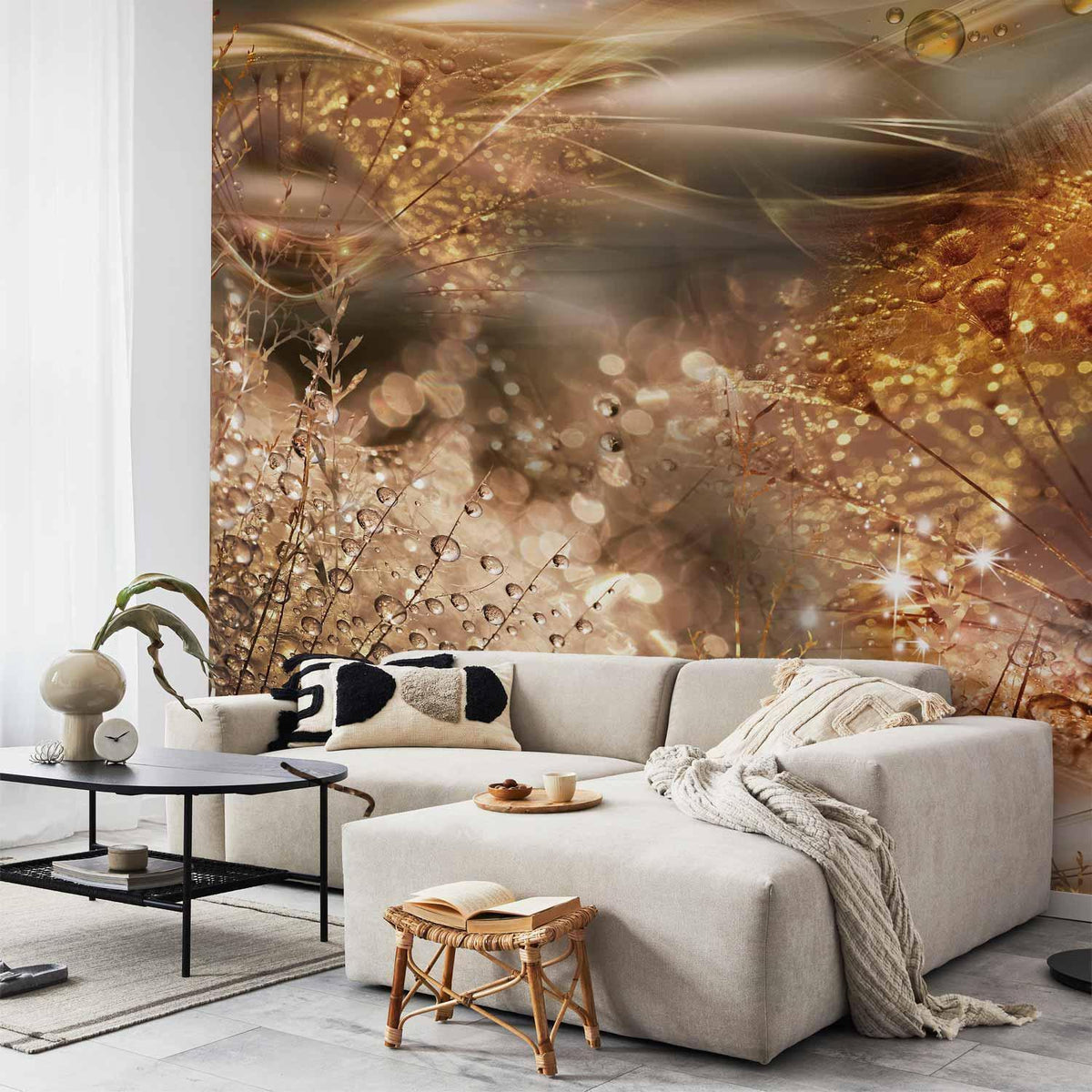 Fototapete Goldene Pusteblumen - Aquarell Botanik auf Beige