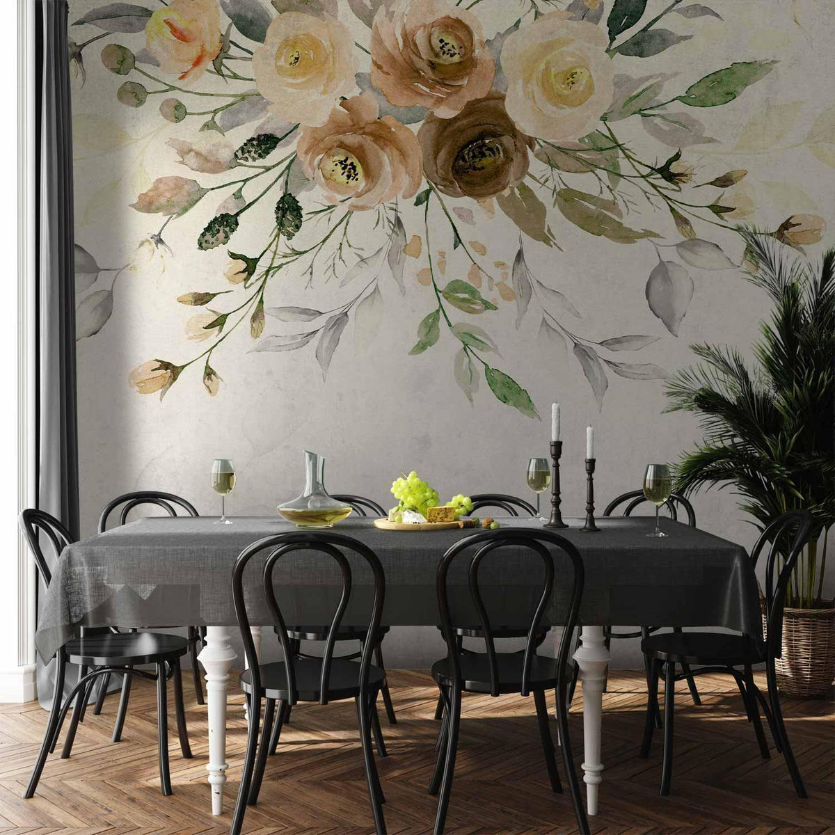 Fototapete - Summer bloom - retro floral motif with flowers and leaves with patterns