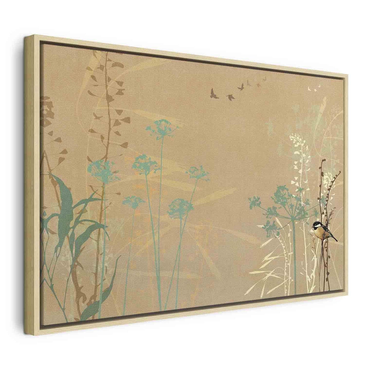 Leinwandbild - Tiny Bird - Colorful Grasses in Golden Shades of Sunset Artgeist