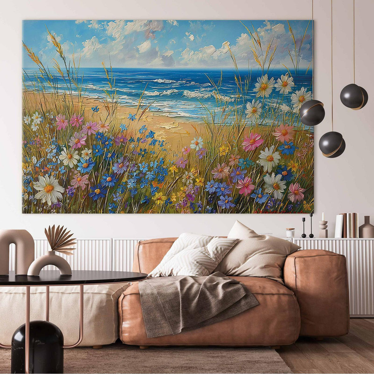 Wandbild XXL - Seascape – wildflowers and a view of the rough sea