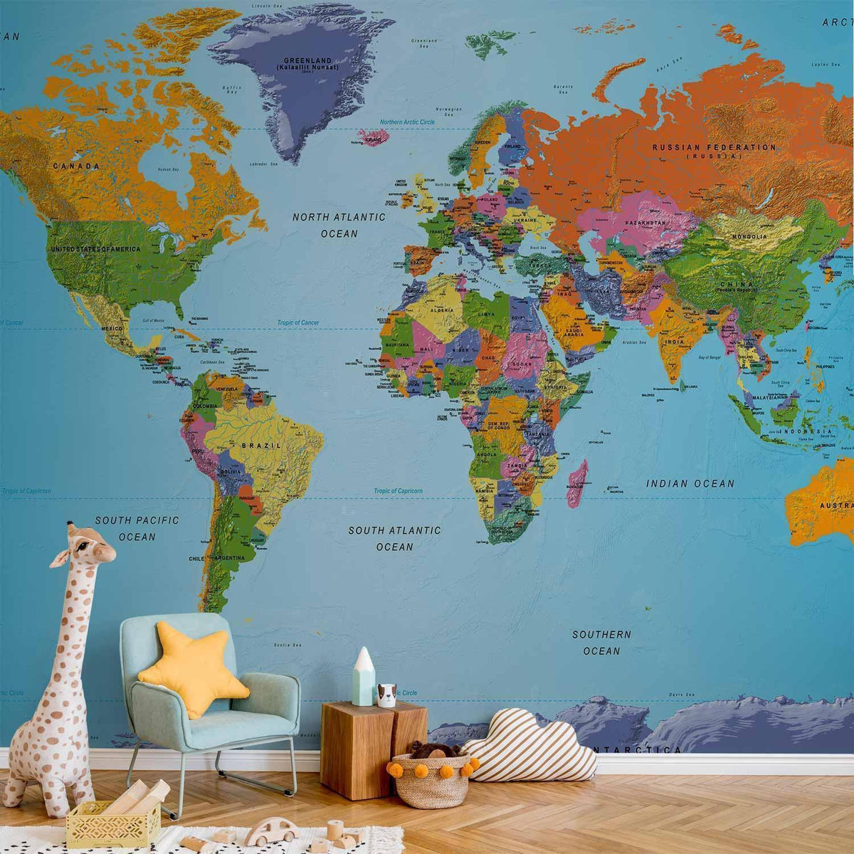 Fototapete Weltkarte Bunt - Moderne Geografie mit Kontinenten und Ozeanen