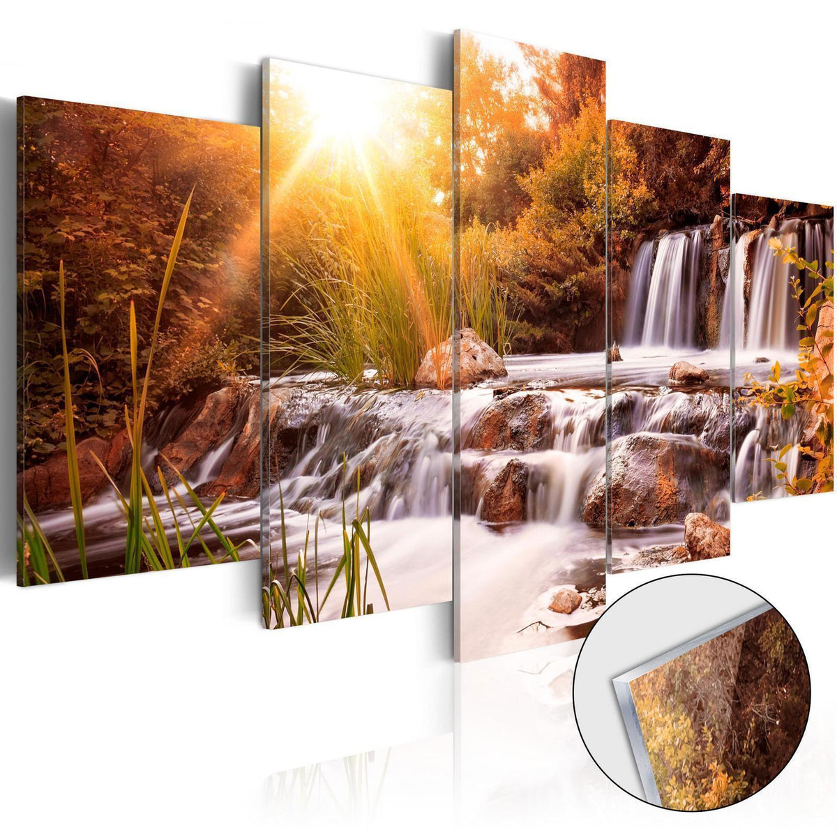 Wandbild Herbstlicher Wasserfall – 5-teiliges Acrylglasbild mit Sonnenstrahlen