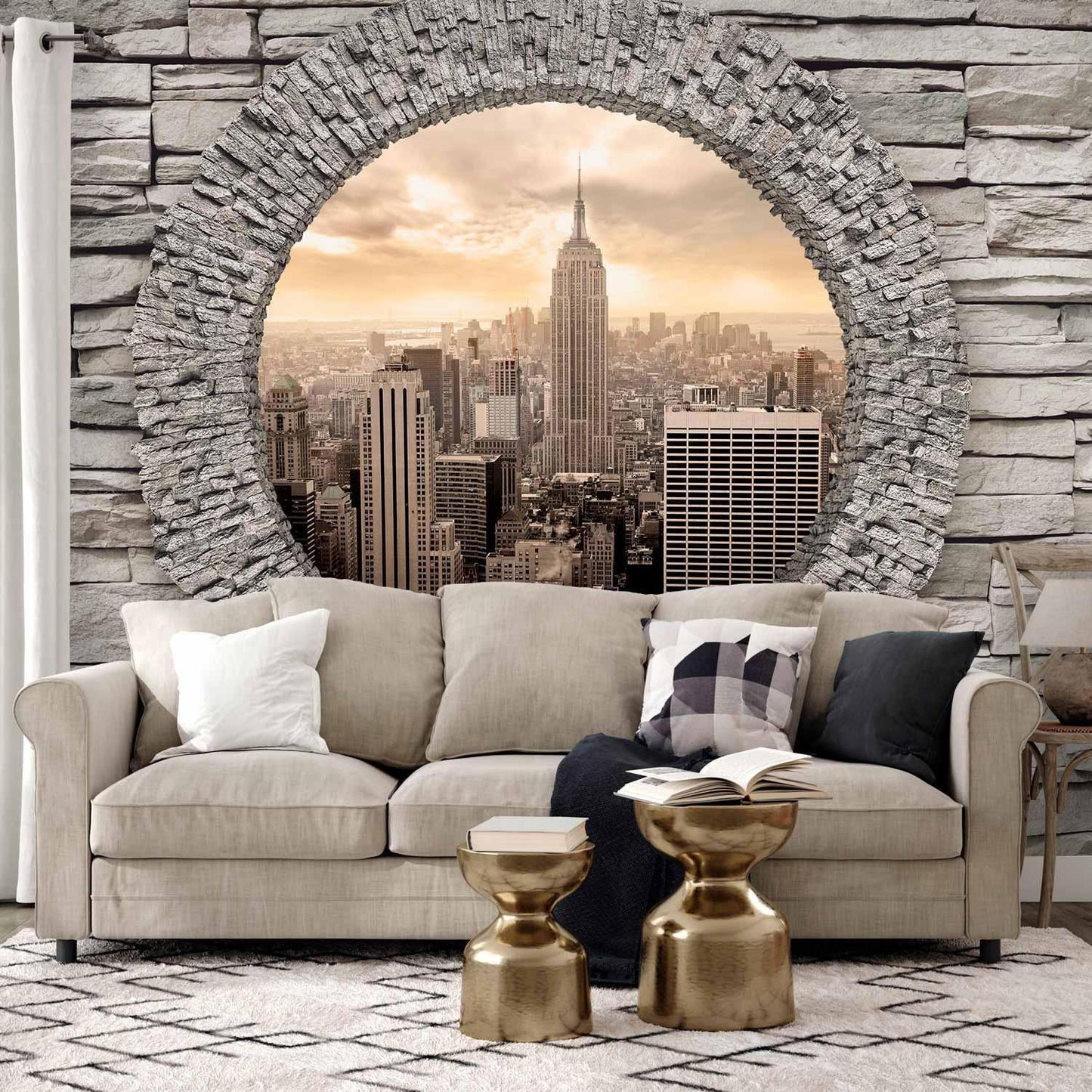 Fototapete Rundes Fenster mit Stadtblick – Urbanes Panorama in Steinoptik