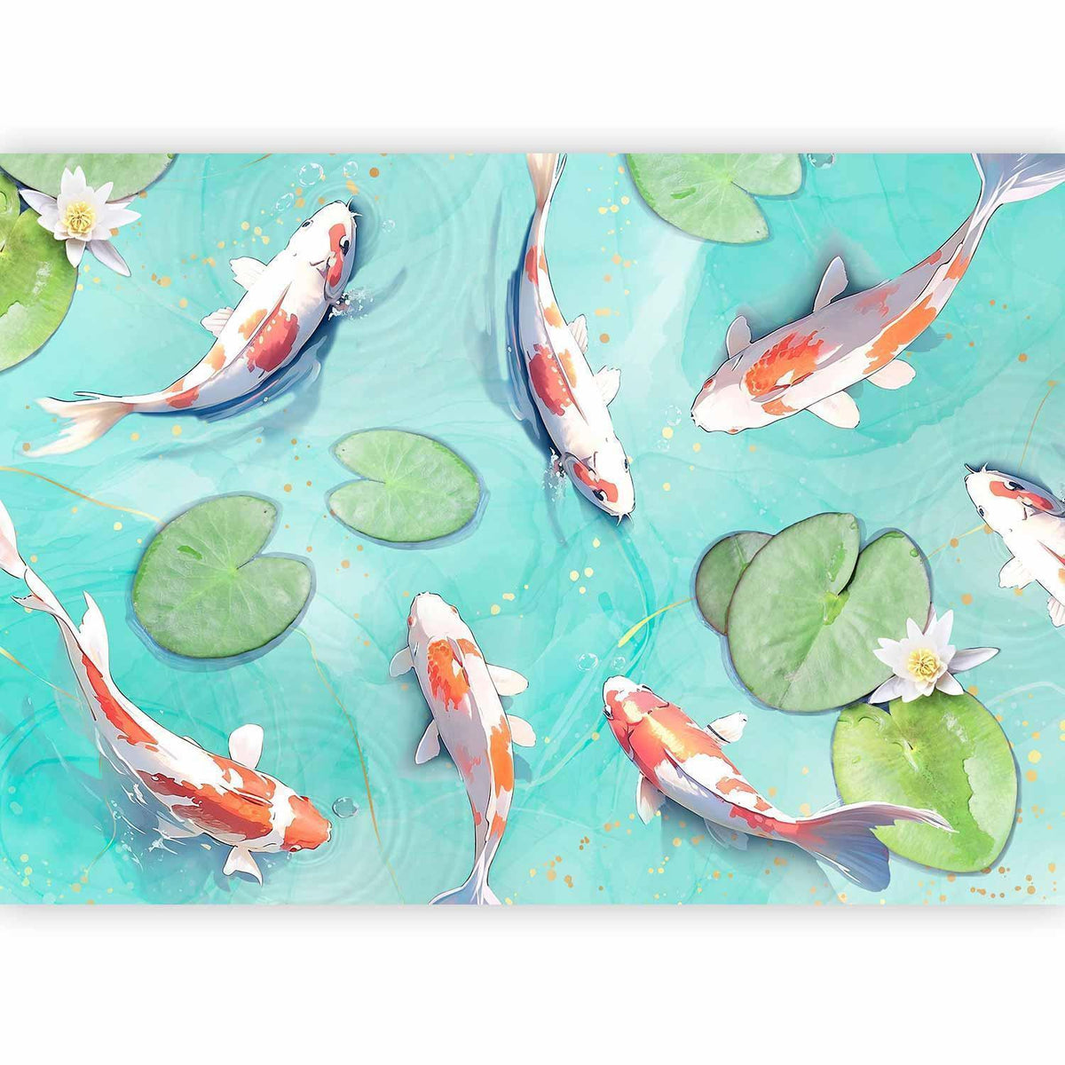 Fototapete Japanischer Teich – Koi-Fische mit Lotusblättern in Türkis