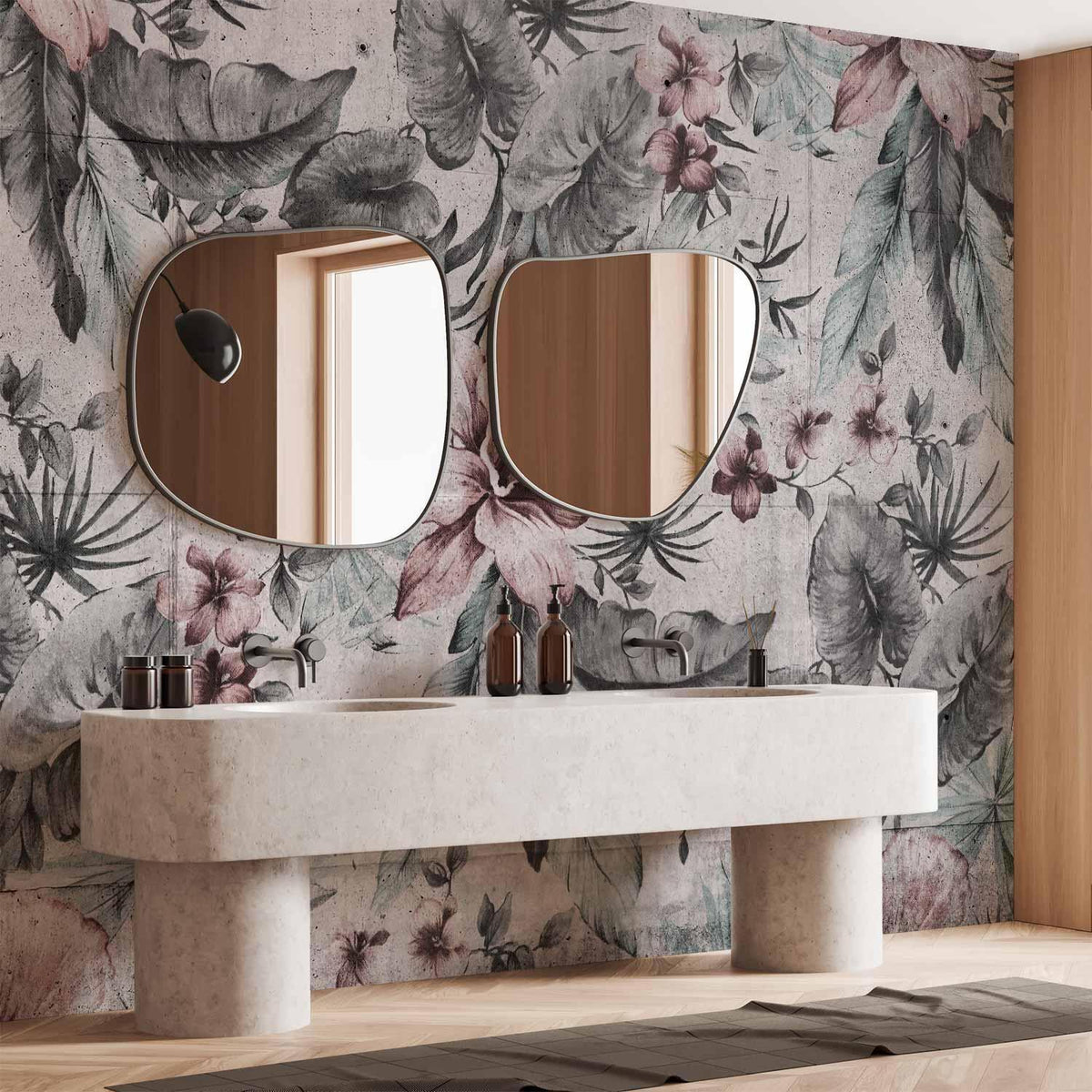 Fototapete Pflanzen im Retro-Stil – Blumen und Blätter in Grautönen