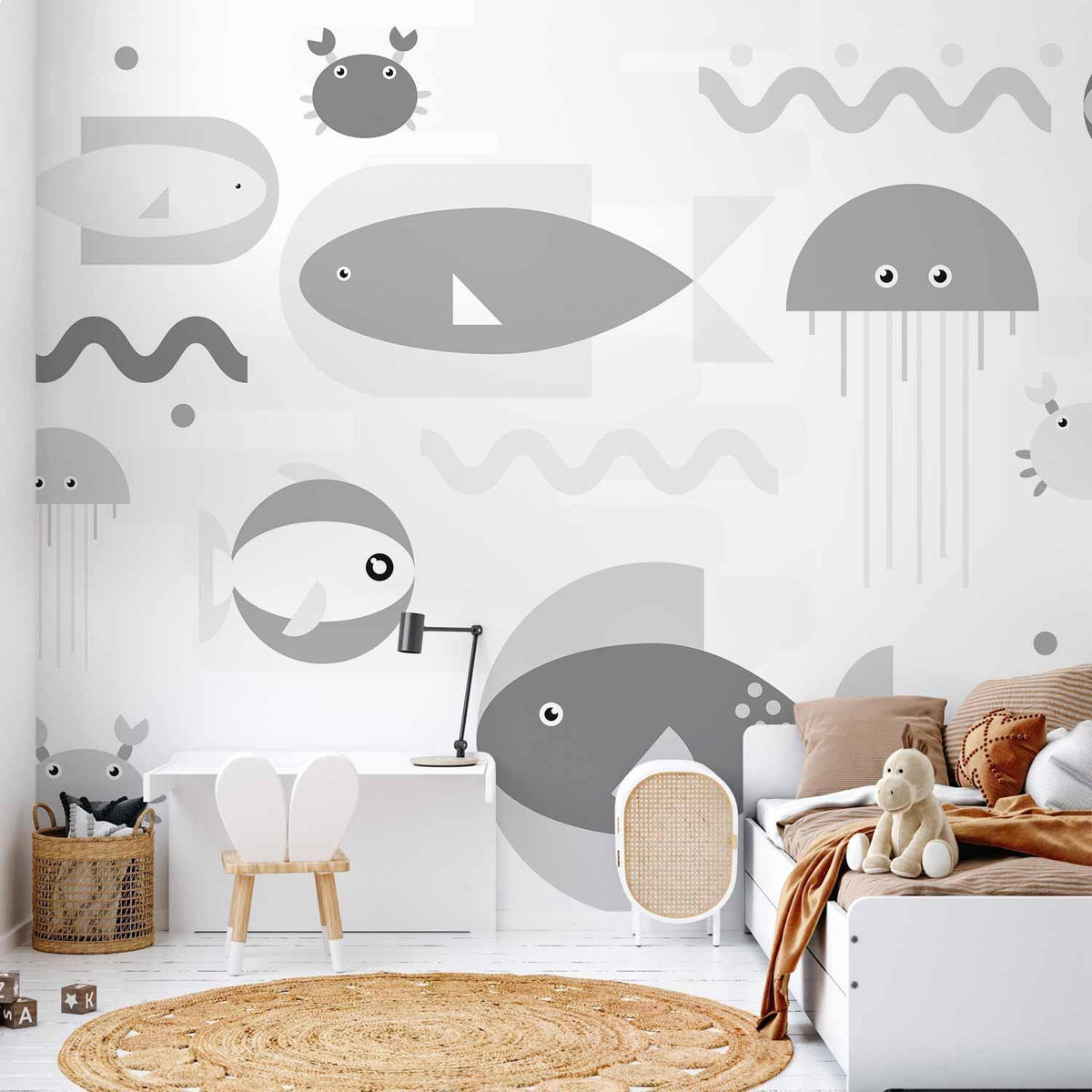 Fototapete Minimalistischer Grauer Ozean – Geometrische Fische für Kinderzimmer