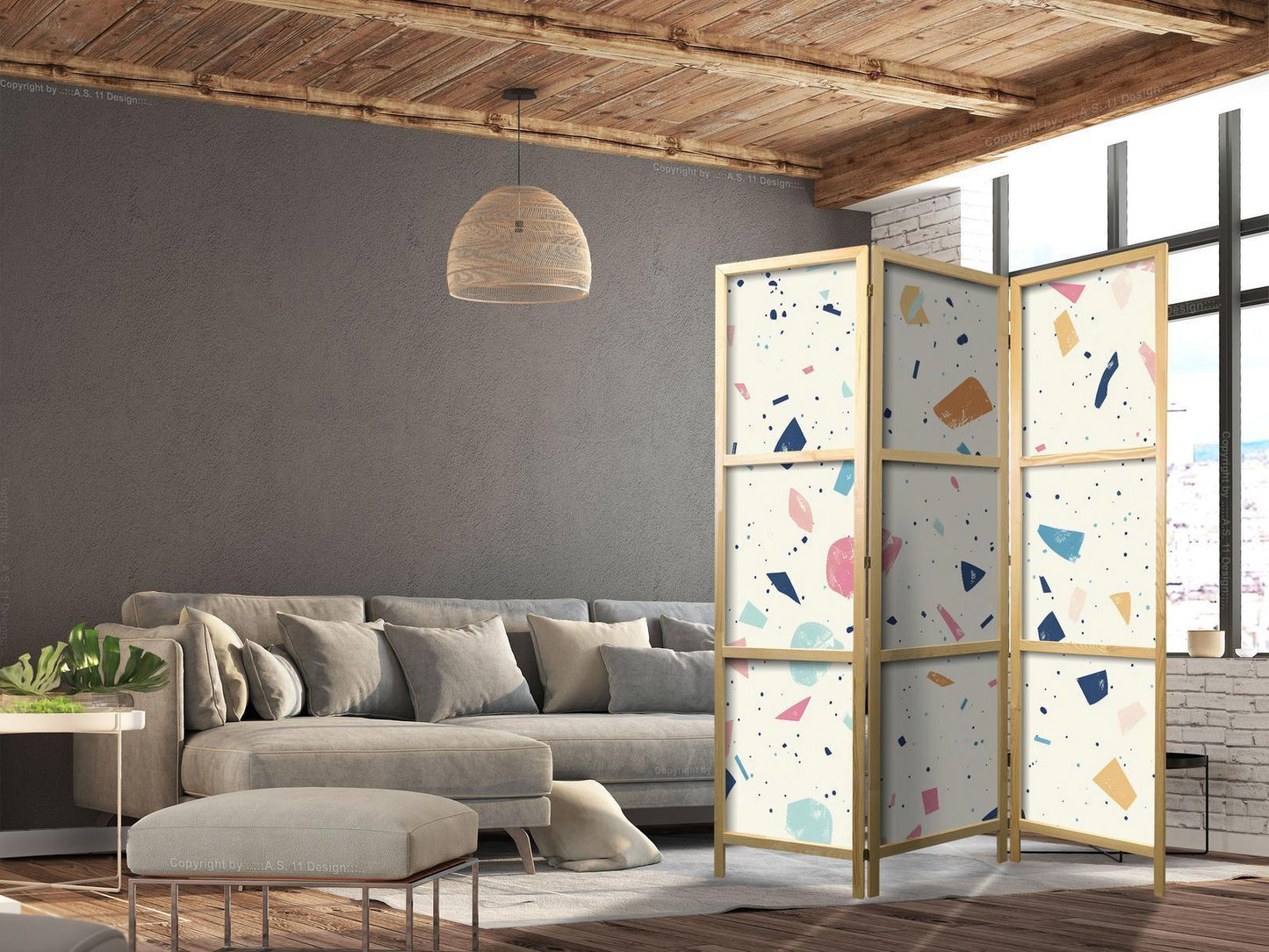 Japanischer Paravent - Terrazzo with Multicolored - Large Elements - Cheerful Pattern on a Light Background Artgeist