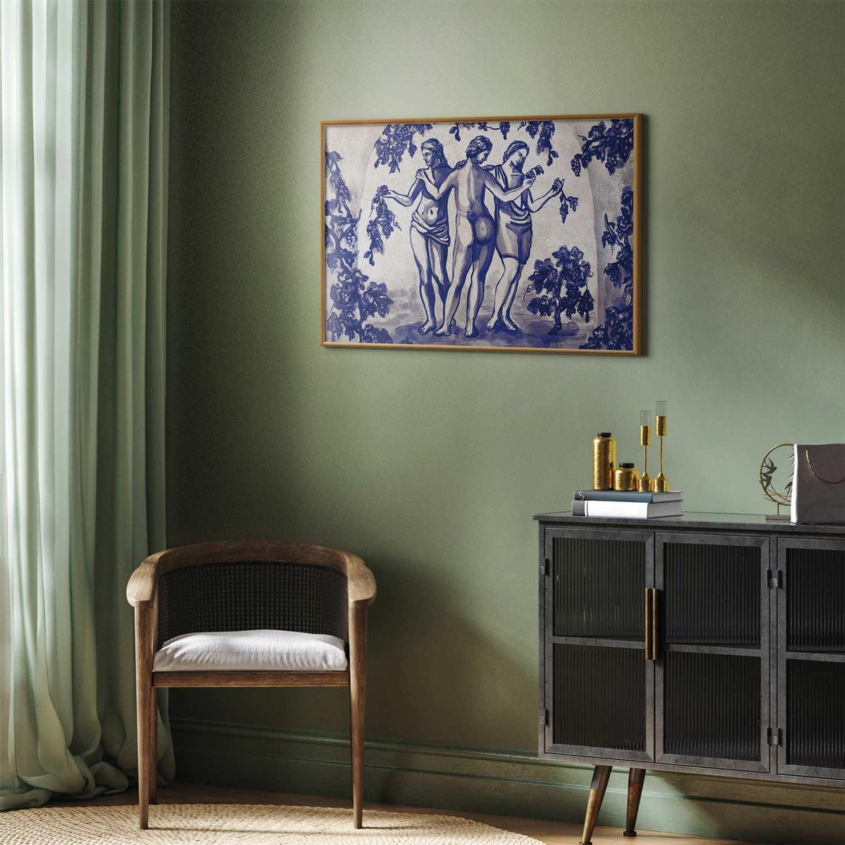 Poster - Ancient Vineyard - three women in a portal painted in blue ink