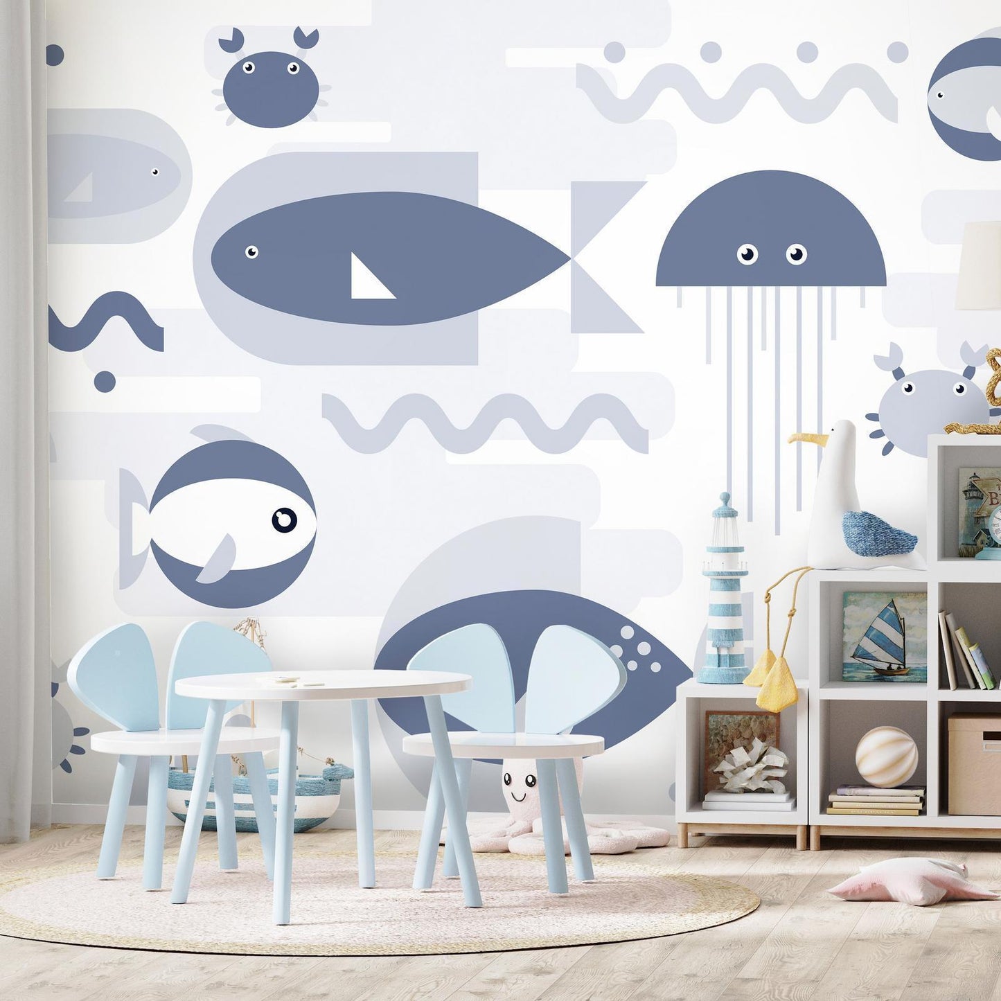 Fototapete - Minimalist ocean - geometric fish and crabs in water for kids Artgeist