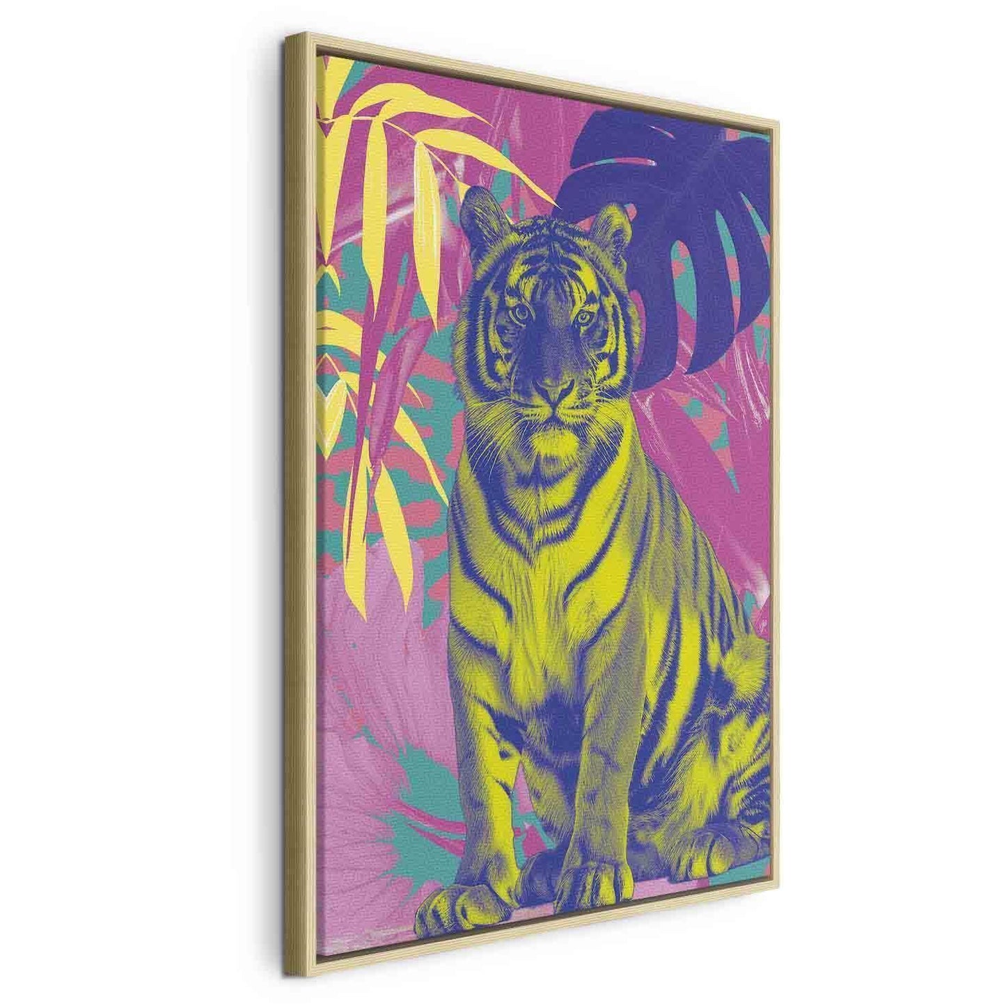 Leinwandbild - Colorful Tiger - Intense Colors of a Tiger Surrounded by Tropical Plants Artgeist